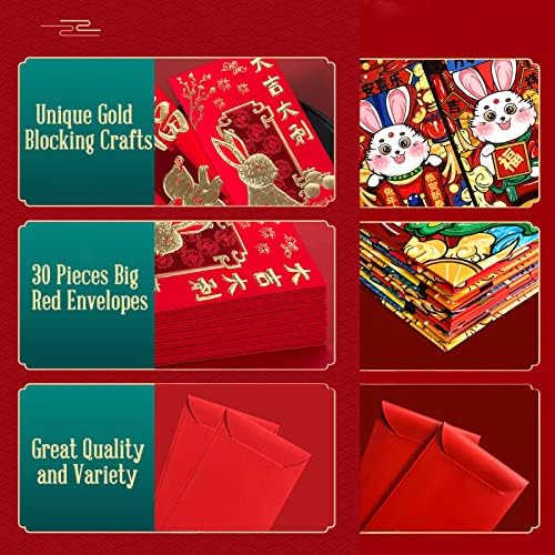 30 komada crvene omotnice za kinesku Novu godinu veliki kineski Hongbao godina zeca Crveni paketi 2023 omotnice sretnog novca za proljetni