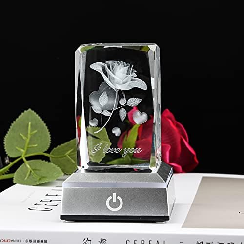 Bianroco Rose Srce volim te 3D ugravirani kristal s LED laganom bazom jedinstveni poklon za rođendan Valentinovo božićno vjenčanje,