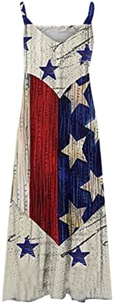 HCJKDU SUNDRESS za žene Spagetti remen rukavica V vrat američka zastava Maxi haljine labave ležerne haljine Dan neovisnosti