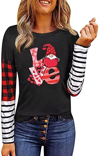 Valentinova košulja za žene s dugim rukavima gnome grafičke majice casual prugaste karirane tunike bluza bluza